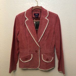 NWT Ladies size Small Pink Leather Jacket white scalloped accent. Brushed Vintag